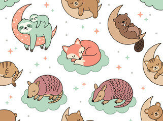 Fototapeta premium Seamless Nursery Pattern with Cute Sleeping Animals on Moons and Clouds