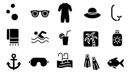 A collection of silhouettes on the theme of vacation and swimming. A set of icons featuring symbols of summer beach activities. © Alex Darts