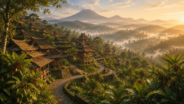 Historic hill town amid spice gardens with timber homes, winding stone roads, misty volcanoes, lush rainforest, golden sunrise, peaceful heritage landscape, cinematic mountain scenery.