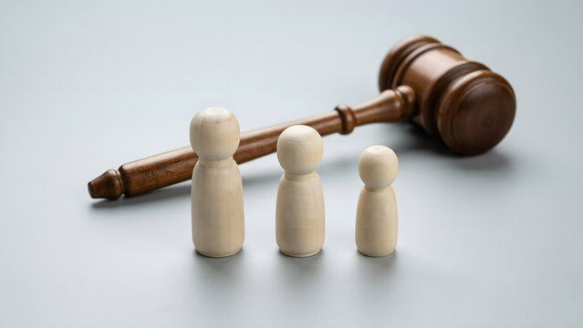Wooden gavel resting behind three stylized wooden figures on grey surface