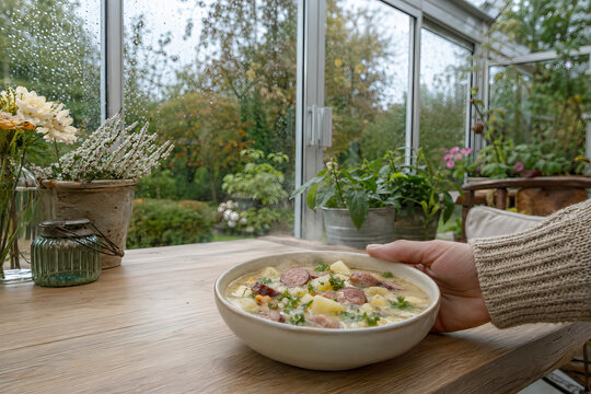 Sopa de patatas con salchichas en un d&iacute;a de lluvia