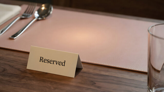 A reserved sign on a wooden restaurant table with cutlery and a place mat