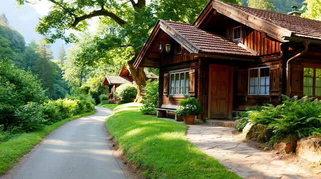 Charming rustic timber wood house in sunny green summer forest with landscape, building