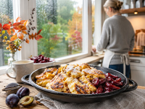 Disfrutar de un plato de Kaiserschmarrn con compota de ciruelas en una cocina durante un d&iacute;a gris