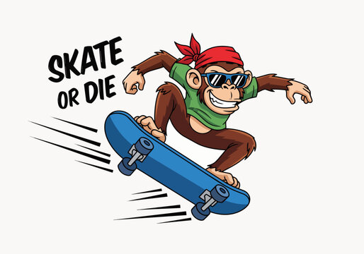 Cartoon monkey wearing bandana and sunglasses, skateboarding with speed lines, isolated on transparent alpha, perfect for extreme sports graphics, playful marketing and whimsical illustrations.