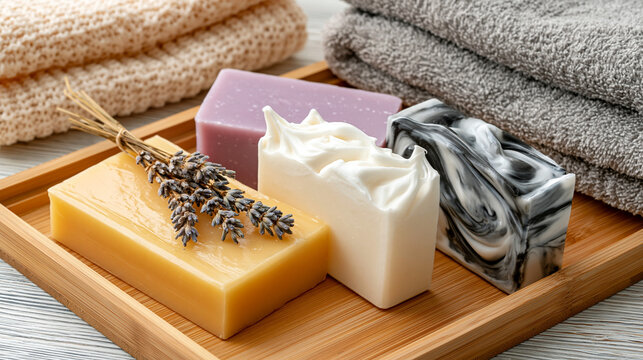 Assorted handmade bar soaps with dried lavender on wooden tray handmade lavender