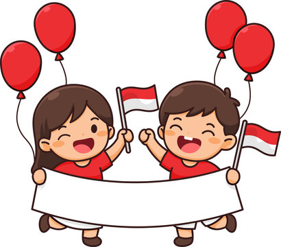 Indonesian Children Wave Flags Celebrate National Pride with Balloons