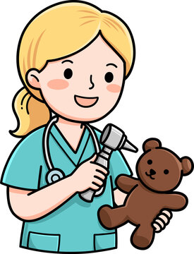 Child Doctor with Teddy Bear and Otoscope Pediatric Care Illustration