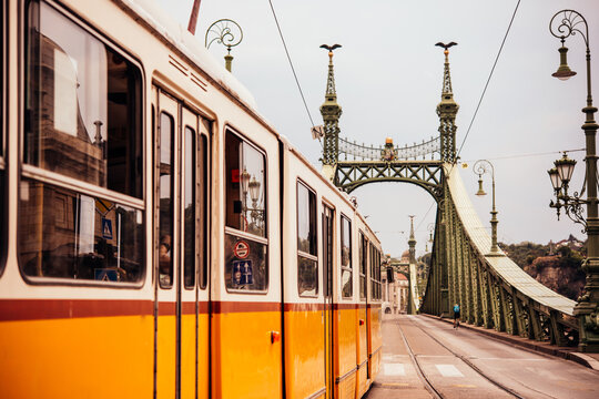 A tram entering Liberty bridge in Budapest, Hungary.