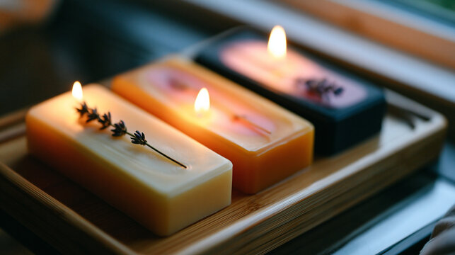 Three decorative rectangular scented candles with dried lavender sprigs on a wooden tray