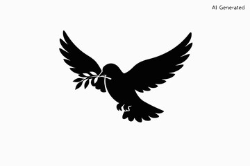 Fototapeta premium Dove silhouette carrying an olive branch represents a universal symbol of peace and hope against a clean, stark white background.