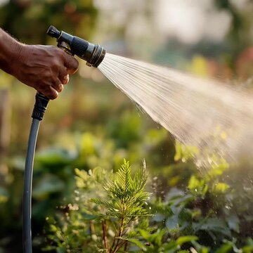 Man Watering Garden Plants with Hose &ndash; Close-Up Water Spray Nozzle Photo