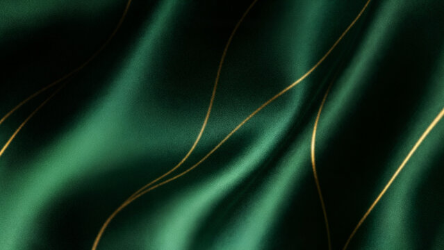 Abstract grainy background with luxurious flowing emerald green silk fabric waves and elegant golden lines for premium creative product presentation design backdrops.