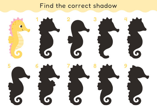 Kawaii seahorse shadow matching game for preschool and kindergarten children. Find the correct silhouette from multiple options. Educational printable worksheet isolated on white background