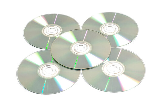 Compact Discs and DVDs Isolated on White Background for Data Storage and Media Concept