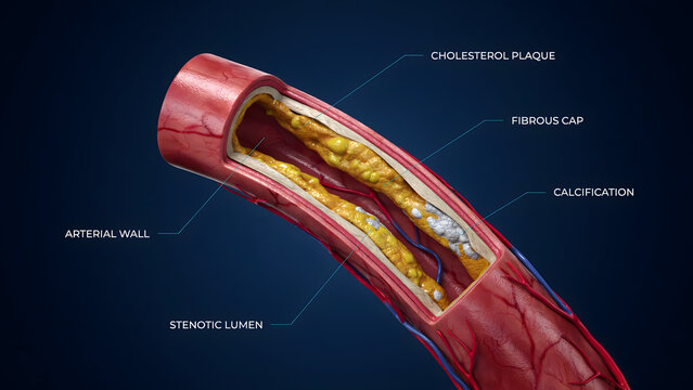 Cross section of an artery with cholesterol plaque buildup and calcification