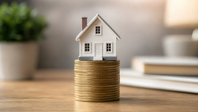 House coin savings investment mortgage finance property budget small white house stacked gold coin pile symbolizing savings investment and careful