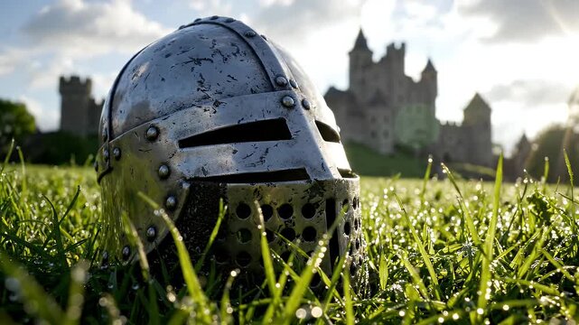 Knight Helmet on Dewy Grass Meadow with Medieval Castle Background - A close-up shot of a medieval knight's helmet resting in lush green grass covered in morning dew.