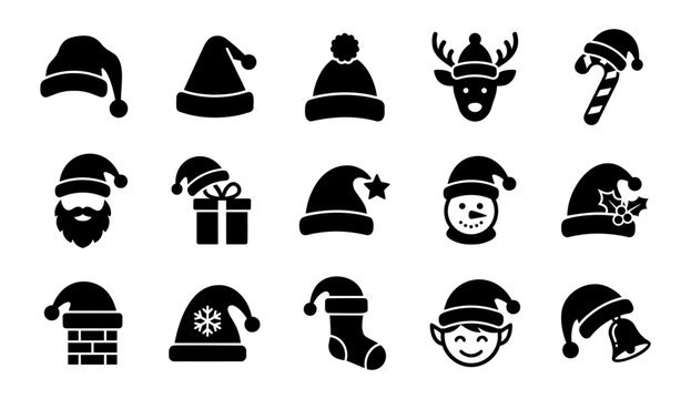 Santa Hat Icon Set with Christmas Characters and Holiday Symbols Isolated on Transparent Background