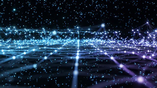 Abstract Network of Glowing Dots and Lines on Black Background - This image showcases an intricate network of interconnected glowing dots and lines against a dark, star-filled background, creating a