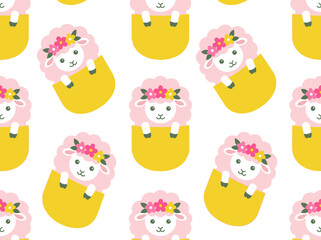 Fototapeta premium Cute Pink Sheep in Pocket Seamless Pattern
