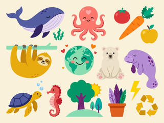 Fototapeta premium Cute Cartoon Animal and Nature Icon Set for Eco-Sustainability and Education