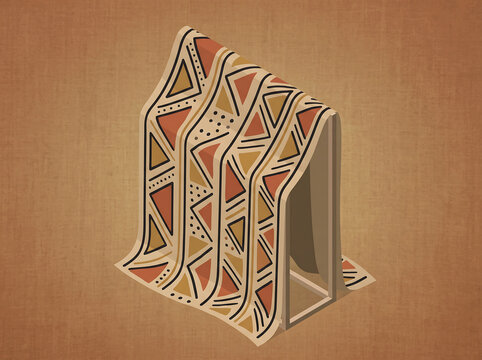 Draped mud cloth fabric mockup with bogolan zigzag pattern on wooden stand
