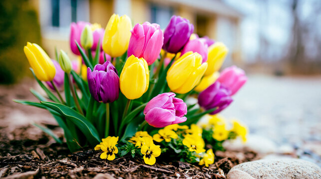 Colorful tulip and pansy flower bed display in front of a residential house with colorful
