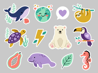 Fototapeta premium Cute Nature and Wildlife Sticker Set for Environmental Conservation and Ecology Themes