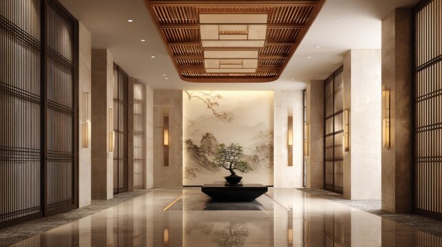Ultra-luxury modern Asian interior hallway, symmetrical composition. A floating black stone table at center holding a small bonsai tree
