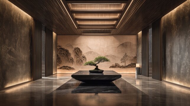 Ultra-luxury modern Asian interior hallway, symmetrical composition. A floating black stone table at center holding a small bonsai tree
