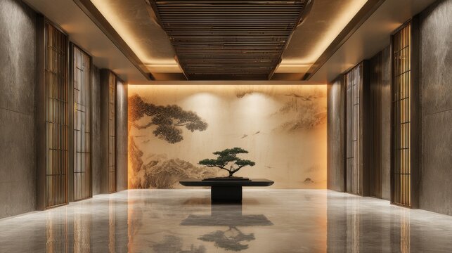 Ultra-luxury modern Asian interior hallway, symmetrical composition. A floating black stone table at center holding a small bonsai tree

