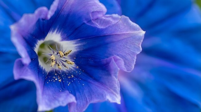Vibrant blue morning glory flower macro, close up of blooming ipomoea petals, elegant floral background with soft textures and natural details