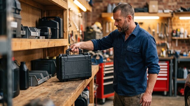Man organizing gear in industrial workshop