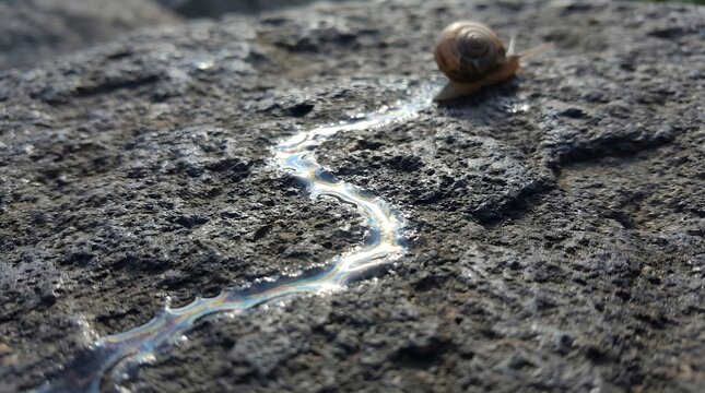 Snail leaving shiny slime trail on rough stone surface, garden gastropod mollusk crawling on grey rock, macro nature photography of slow movement