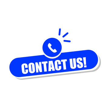 blue contact us button vector with phone icon, rounded glossy call to action button, isolated on white background, modern UI badge