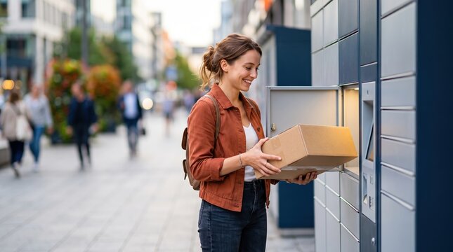 Young woman taking package from parcel locker