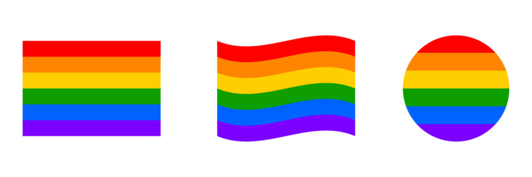 Rainbow Pride Flag Icon Set with Waving Flag and Circle Shapes. LGBTQ Symbol. Vector Illustration