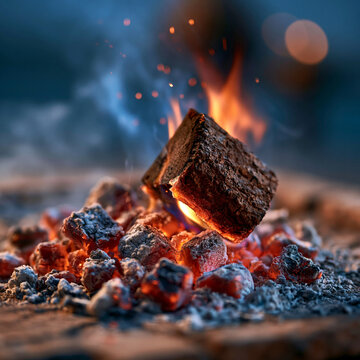 Glowing hot charcoal embers burning brightly with sparks and smoke charcoal combustion