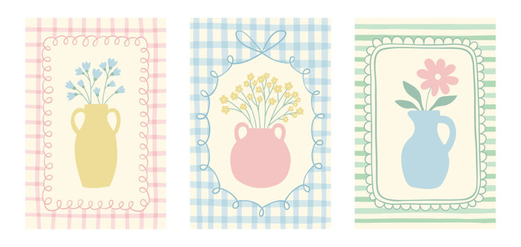 Cottagecore floral hand drawn vintage posters with whimsical flowers in vases and pitchers. Naive french style frames with gingham, stripe backgrounds and ornamental