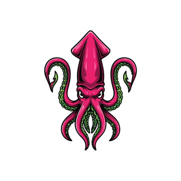 Angry pink squid mascot logo design.