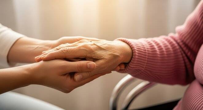 Younger Person Holding Hands with Elderly Woman for Support and Compassion in Nursing Home Care