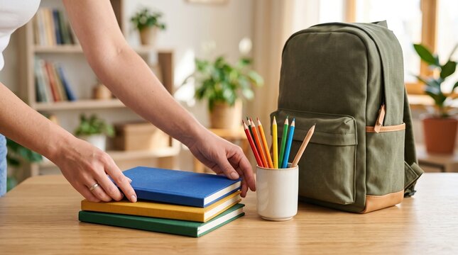 Woman organizing notebooks and school supplies for class