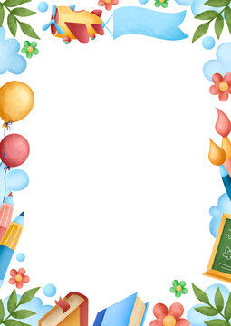 Back To School A4 Page Border Frame. Isolated. Toy Airplane Flying a Blue Banner, Floral Leaves, Chalkboard, Books, and Art School Supplies.
