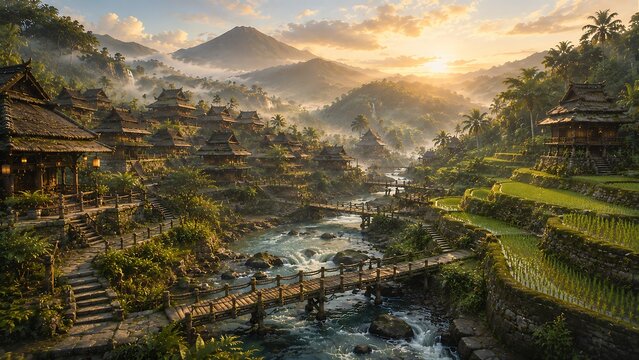 Historic riverside city with timber homes, stone bridges, rice terraces, volcanic peaks, lush rainforest, misty sunrise, crystal river, cinematic heritage landscape, peaceful atmosphere.