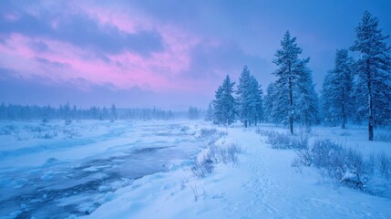 Obraz premium editorial wide-angle photograph of a winter in the snow, with taiga in the background, snowfall, at dusk under a blue and pink sky 