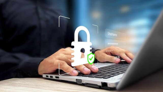Secure Web Login Concept. User Typing Login and Password on Laptop. Digital Authentication System, Cybersecurity Protection, Online Account Access, Identity Verification, Data Privacy. 4K Video