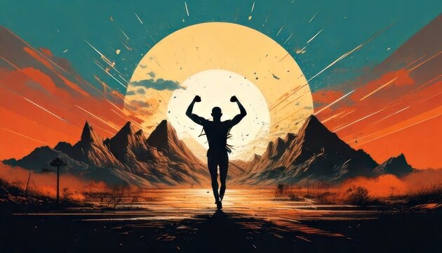 Silhouette of a triumphant runner against a vibrant sunset backdrop.