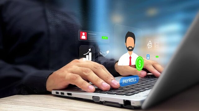 Payroll Management Concept. Employee Salary Processing, Payroll System, Human Resources, HR Management, Compensation, Tax Compliance, Employee Benefits. Businessman Using Laptop to Distribute Salaries