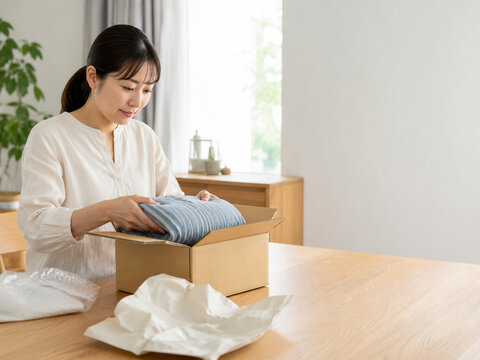 Japanese woman packing folded clothing into a cardboard box for an online shopping return at home